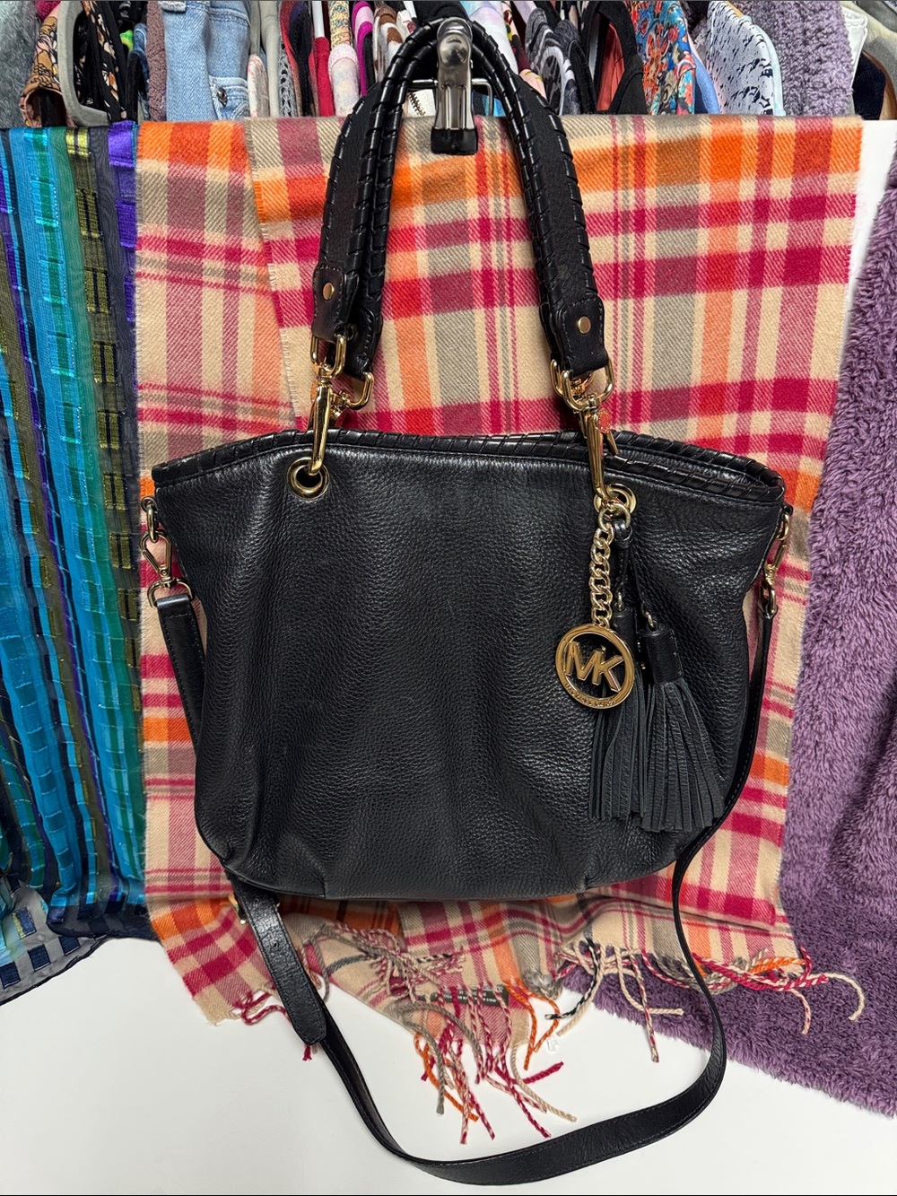 Michael Kors Black Leather Tassel Satchel Handbag